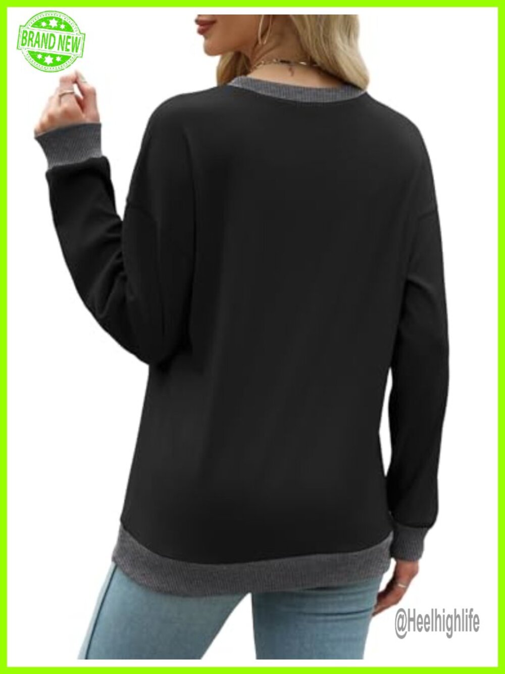 Color Block Crewneck Sweatshirt Loose Fit Long Sleeve Top Ribbed Trim Tunic - Picture 2 of 4